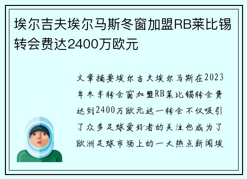 埃尔吉夫埃尔马斯冬窗加盟RB莱比锡转会费达2400万欧元